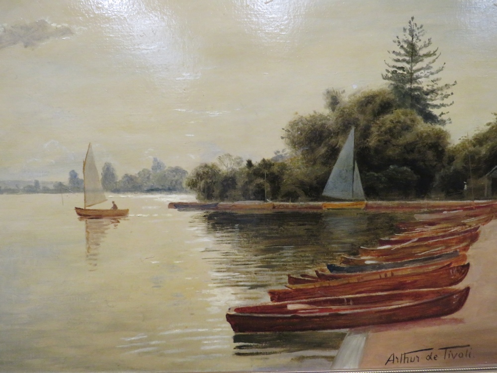 A FRAMED OIL ON BOARD OF BOATS BY A LAKE SIGNED ARTHUR DE TIVOLI LOWER RIGHT