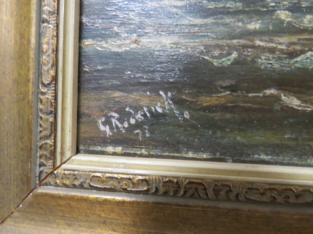 A GILT FRAMED OIL ON BOARD OF DUTCH SAIL SHIPS, INDISTINCTLY SINGED LOWER LEFT G. RODERICK; - Image 3 of 3