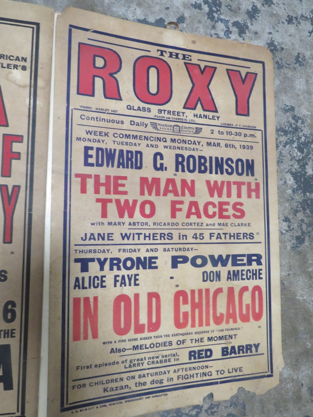 THREE ANTIQUE POSTERS FOR THE ROXY CINEMA IN HANLEY DATED 1939 (A/F) - Image 4 of 4