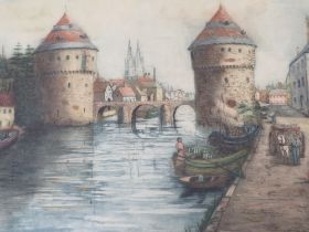A PAIR OF CONTINENTAL WATERCOLOURS SIGNED TO MOUNT AND STAMPED LOWER RIGHT TOGETHER WITH A SIMILAR