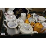 A TRAY OF ASSORTED CERAMIC COFFEE POTS ETC COALPORT, SHELLEY ETC