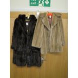 A VINTAGE RICH MAHOGANY BROWN FUR COAT, TOGETHER WITH A PASTEL FAUX FUR JACKET (2)