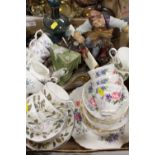 A TRAY OF ASSORTED CERAMICS AND GLASS TO INCLUDE AN OVERLAY DECANTER ETC