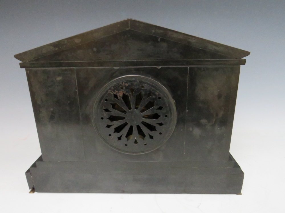 A BLACK SLATE GONG STRIKE MANTLE CLOCK, of architectural form with reeded columns and a black - Image 5 of 6