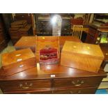 A 19TH CENTURY ROSEWOOD BOX WITH MOTHER OF PEARL INLAY, TWO LETTER RACKS AND ANOTHER BOX (4)