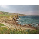 A GILT FRAMED OIL ON BOARD OF A ROCKY COASTAL SCENE SIGNED LOWER RIGHT J BROADMEADOW LOWER RIGHT