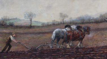 M.H. A wooded landscape with two horses and figure ploughing, signed with initials and dated 1896