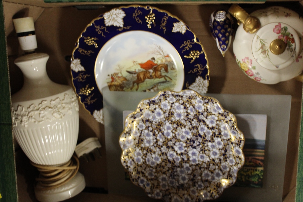 A TRAY OF ASSORTED CERAMICS ETC TO INCLUDE COALPORT AND ROYAL CROWN DERBY