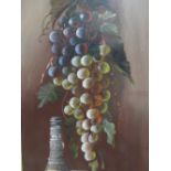 A FRAMED OIL ON BOARD STILL LIFE OF FRUIT AND DRINK SIGNED LOWER LEFT