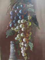 A FRAMED OIL ON BOARD STILL LIFE OF FRUIT AND DRINK SIGNED LOWER LEFT