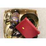 A TRAY OF ASSORTED METALWARE TO INCLUDE A CLOISONNE VASE