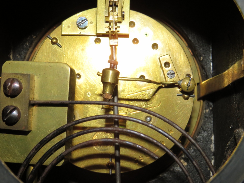 A BLACK SLATE GONG STRIKE MANTLE CLOCK, of architectural form with reeded columns and a black - Image 6 of 6