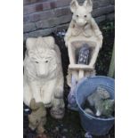 A GARDEN LION, PIG & BARROW, GALVANIZED BUCKET ETC.