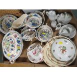 A TRAY OF CERAMICS TO INCLUDE MASON'S REGENCY, DOULTON BUNNYKINS, ETC