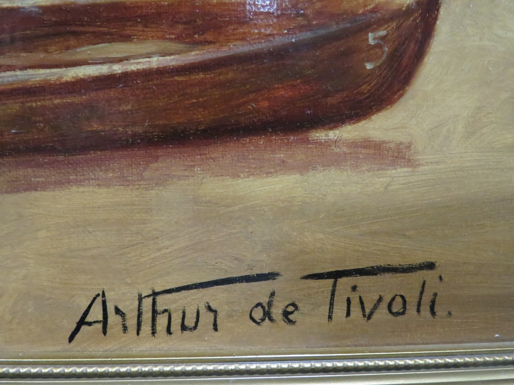 A FRAMED OIL ON BOARD OF BOATS BY A LAKE SIGNED ARTHUR DE TIVOLI LOWER RIGHT - Image 2 of 3