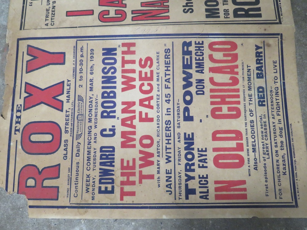 THREE ANTIQUE POSTERS FOR THE ROXY CINEMA IN HANLEY DATED 1939 (A/F) - Image 2 of 4