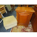 A MODERN CHERRY HI-FI CABINET TOGETHER WITH AN UPHOLSTERED STOOL