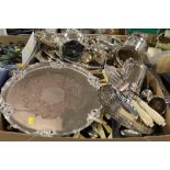 TWO TRAYS OF SILVER PLATED WARE AND FLATWARE TO INCLUDE TEAPOT, SALVER, WINE BOTTLE HOLDER ETC