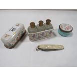 A LIMOGES CERAMIC MINIATURE THREE BOTTLE SCENT BOTTLE HOLDER - A/F TOGETHER WITH A HALCYON DAYS PILL