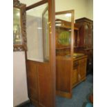 A LARGE OAK AND GLAZED THREE FOLD SCREEN WITH BRASS MOUNTS H-199 W-144 CM