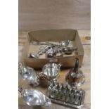 A SMALL TRAY OF ASSORTED SILVER PLATED WARE TO INC A WINE FUNNEL