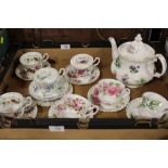 A TRAY OF ROYAL ALBERT FLOWERS OF THE MONTH TO INCLUDE A TEAPOT - MARKED AS SECONDS