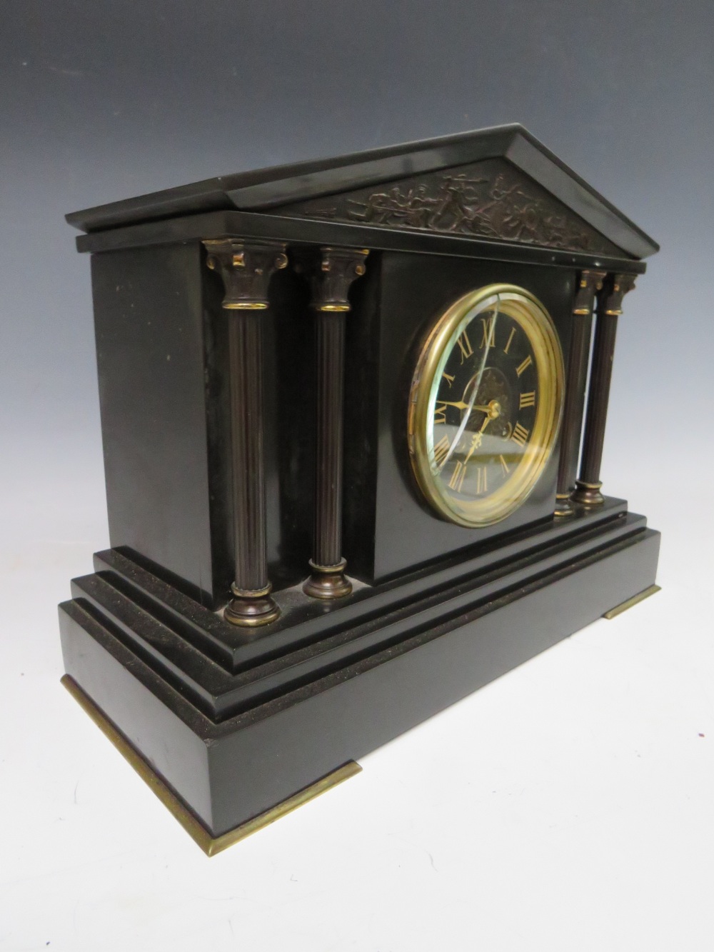 A BLACK SLATE GONG STRIKE MANTLE CLOCK, of architectural form with reeded columns and a black - Image 3 of 6