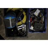 A BLUE CRATE OF ASSORTED TOOLS TOGETHER WITH A BLACK CRATE OF TOOLS TO INCLUDE WELDING MASK ETC.