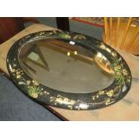 A CONTEMPORARY ORIENTAL STYLE OVAL WALL MIRROR WITH PAINTED DETAIL W-92 CM