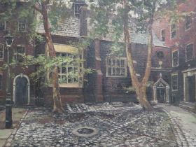 FRAMED OIL ON BOARD OF A COURTYARD SCENE - PENCILED VERSO 'STAPLE INN LONDON WC2 BY LEVESON GOWER
