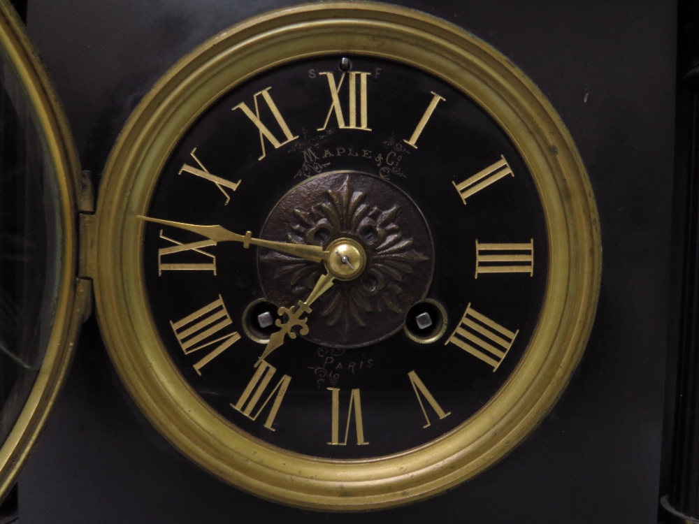 A BLACK SLATE GONG STRIKE MANTLE CLOCK, of architectural form with reeded columns and a black - Image 4 of 6