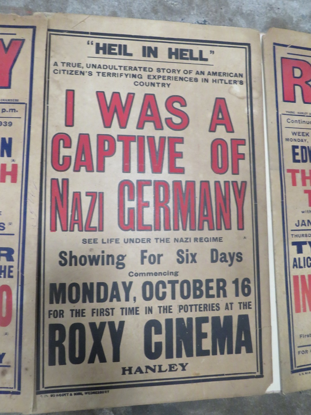 THREE ANTIQUE POSTERS FOR THE ROXY CINEMA IN HANLEY DATED 1939 (A/F) - Image 3 of 4