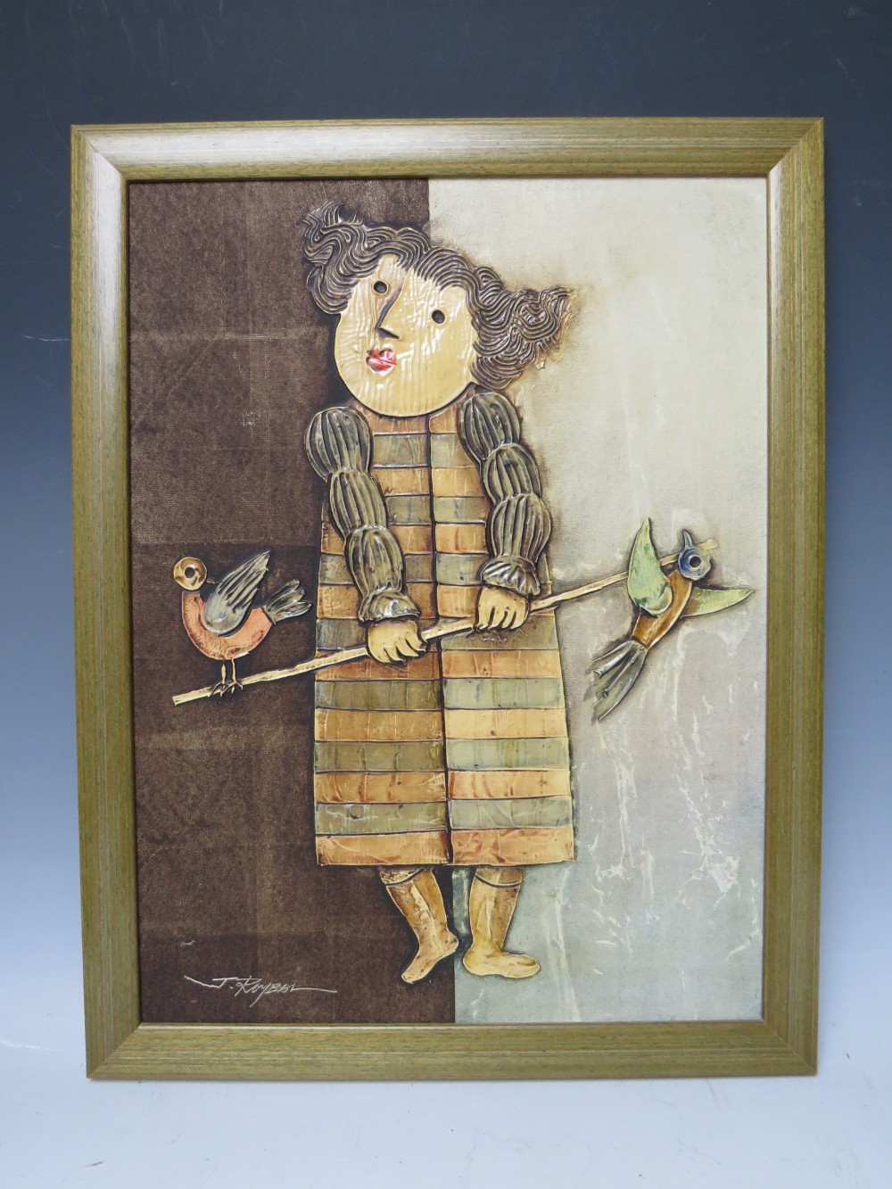 ROYBEL (XX). Continental school, modernist study of a young girl holding a stick with two birds - Image 2 of 6