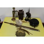 A BOX OF ASSORTED COLLECTABLES TO INC AN ANTIQUE TRIBAL SPEAR HEAD, CARVED TREEN FIGURE OF JESUS