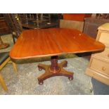 A 19TH CENTURY MAHOGANY FOLD-OVER TEA TABLE ON ACANTHUS COLUMN W-95 CM