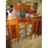 AN EDWARDIAN MAHOGANY INLAID VITRINE / CABINET, CARVED DETAIL AND SATINWOOD BANDING RAISED ON