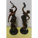 A PAIR OF MODERN FRENCH BRONZE EFFECT / SPELTER FIGURATIVE STATUES COMPRISING NYMPHE DES ROSEAUX AND