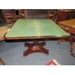 A 19TH CENTURY ROSEWOOD FOLD-OVER CARD TABLE ON AN OCCASIONAL SHAPED COLUMN W-91 CM