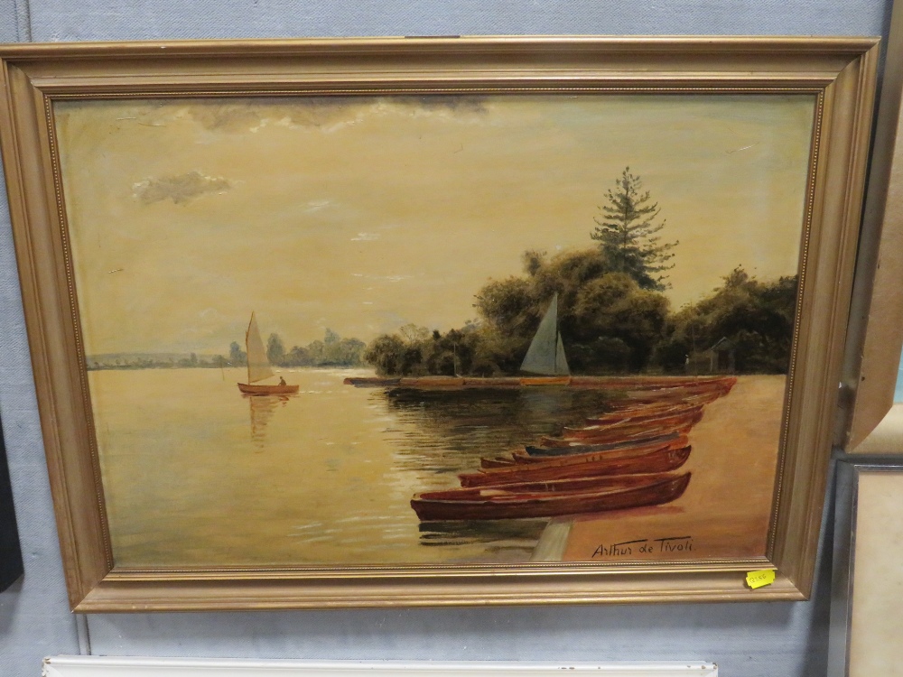 A FRAMED OIL ON BOARD OF BOATS BY A LAKE SIGNED ARTHUR DE TIVOLI LOWER RIGHT - Image 3 of 3