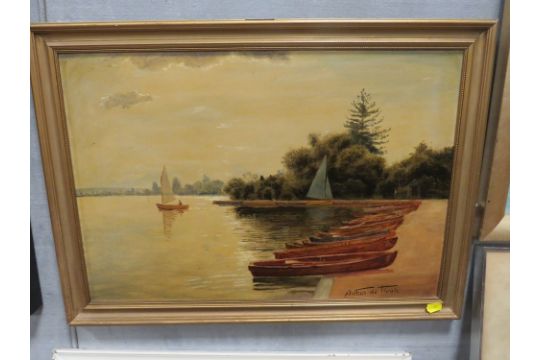 A FRAMED OIL ON BOARD OF BOATS BY A LAKE SIGNED ARTHUR DE TIVOLI LOWER RIGHT - Image 3 of 3