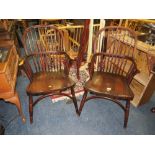A PAIR OF TRADITIONAL WINDSOR OAK SPINDLE BACK ARMCHAIRS