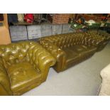 A THREE PIECE OLIVE LEATHER CHESTERFIELD SUITE