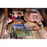 A TRAY OF VINTAGE RECORDS AND MAGAZINES TOGETHER WITH A TRAY OF VINTAGE BOOKS TO INCLUDE MANY PONY
