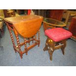 AN OAK BARLEYTWIST DROPLEAF TABLE AND A STOOL (2)