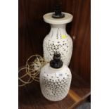 TWO RETICULATED LAMP BASES, ONE WITH ORIENTAL DETAIL