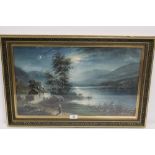 A FRAMED AND GLAZED WATERCOLOUR OF A MOONLIT MOUNTAINOUS LAKE SCENE SIGNED ALF M DRINKWATER 1907