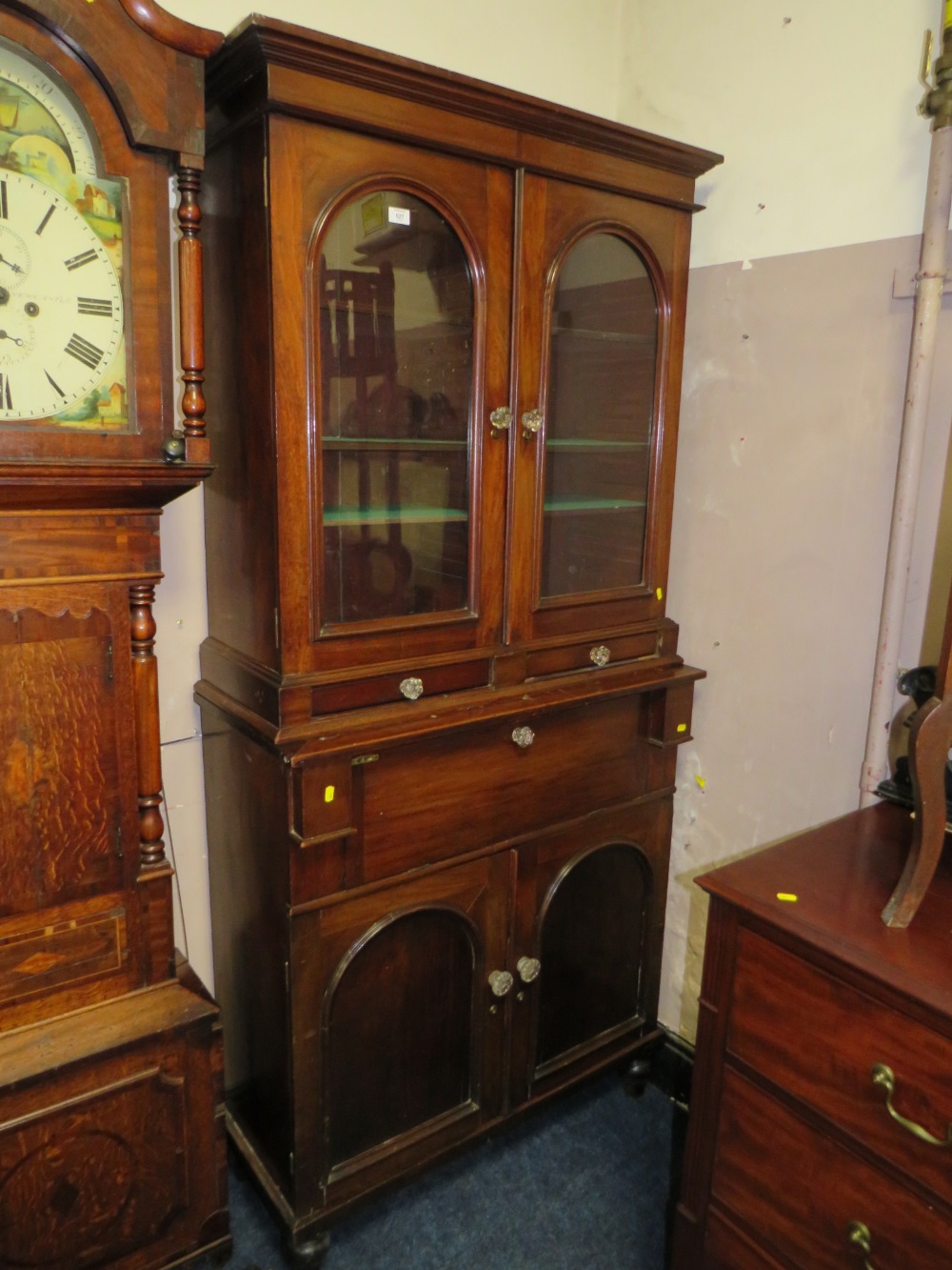 A 19TH CENTURY GLAZED BOOKCASE WITH SECRETAIRE TYPE DRAWER W-100 CM