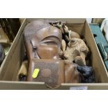 A COLLECTION OF CARVED TREEN TO INCLUDE AN INDONESIAN ART DECO FEMALE BUST, SCANDINAVIAN TROLL