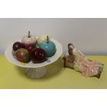 A CERAMIC COMPORT, MARBLE & CERAMIC PIECES OF FRUIT, TOGETHER WITH A ROYAL WORCESTER 'MEMORIES'