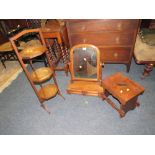 A VICTORIAN MAHOGANY TOILET MIRROR, OAK DUMB WAITER AND A NAIVE STOOL (3)